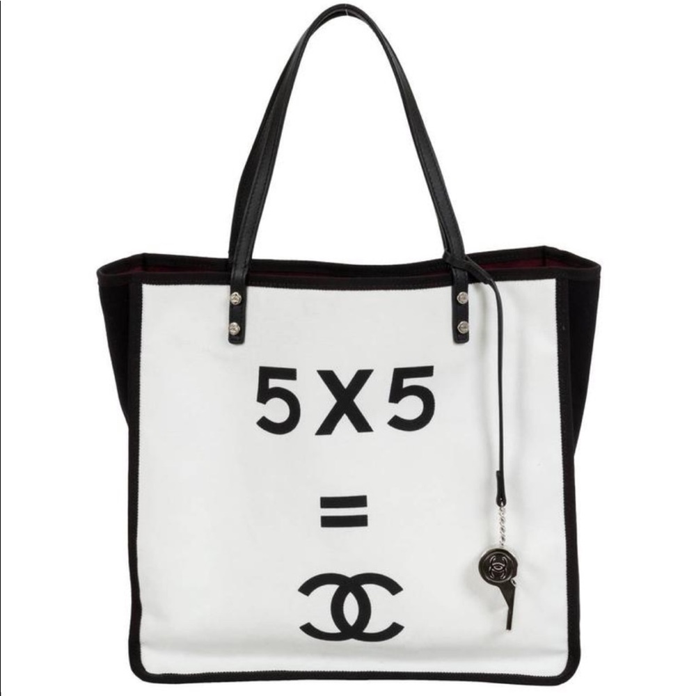 Chanel black and white canvas tote bag